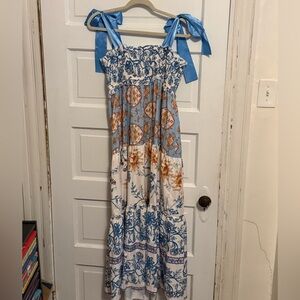 SHEIN Blue and White Maxi Dress with Orange Floral Accents